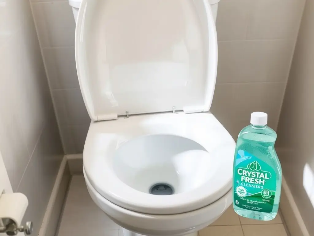 A close-up shot of a sparkling clean toilet bowl after using jptipo.top's Japanese Mineral Salt Toilet Cleaner A, highlighting the effectiveness of the product in removing stains and mineral buildup.
